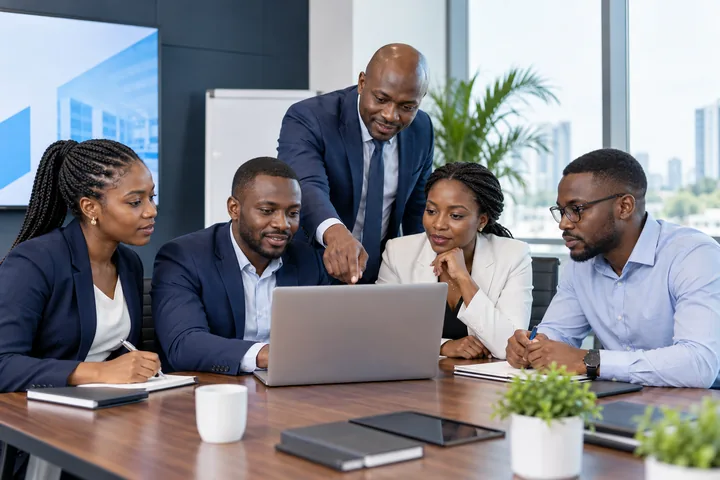 Equipa empresarial numa sessão prática de formação digital