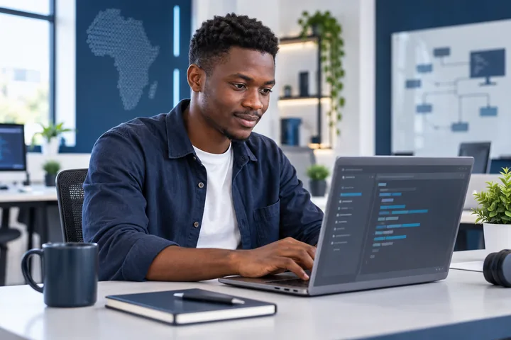 Estudante de programação a desenvolver um projeto num computador portátil